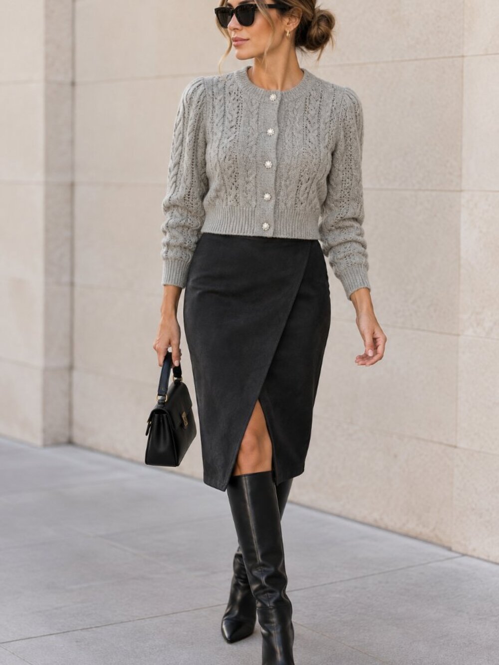 Chelsea & Violet Textured Cable Knit Pearl Button Cardigan – Gray – L